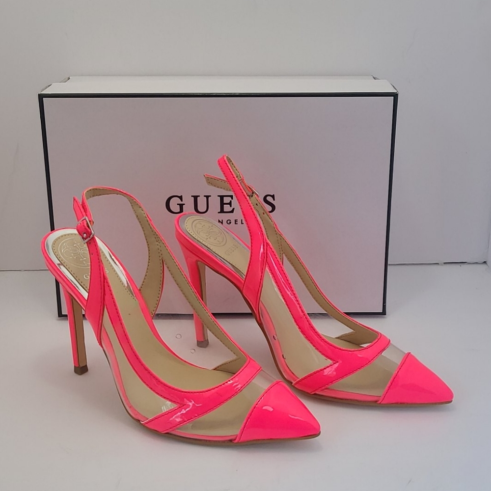 Guess clear and patent heel